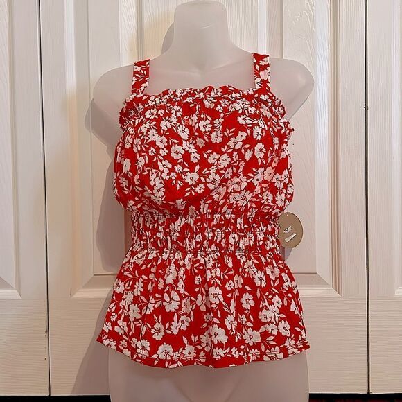Tops - Red Floral Cinched Waist Boho Gauze Knit Tank Top Blouse Shirt Large L NWT